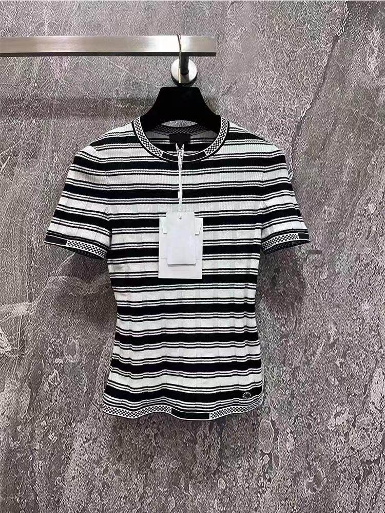 

Chan home 2023 summer new Women' T-shirt stripe sexy tops top-grade casual shirt fashion OOTD CCCC logo letters knitwear polo shirt Mother' Day birthday gift, Black