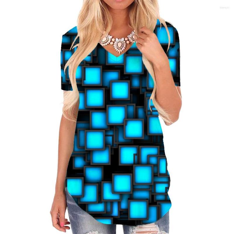

Women's T Shirts Giyu Brand Neon Lights Shirt Women Blue T-shirts 3d Cube V-neck Tshirt Geometry Tshirts Printed Womens Clothing Punk Rock, 10435