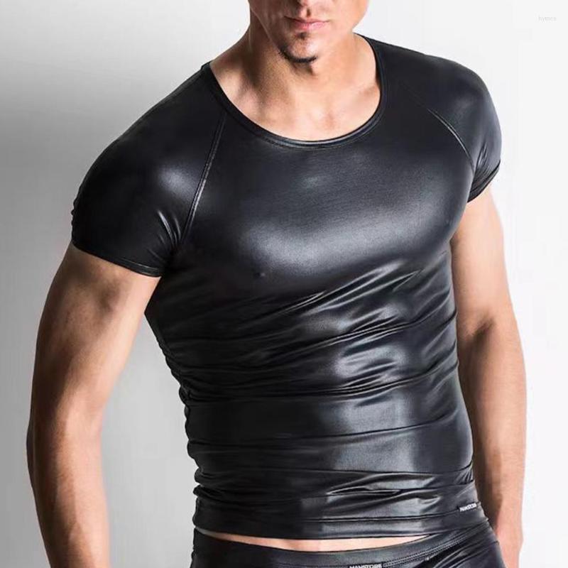 

Men's T Shirts Men Faux Leather Tops Stretch Pu Short Sleeve T-shirts Club Slim Bar Stage Performance Tee Shirt Elastic Blouse, Black