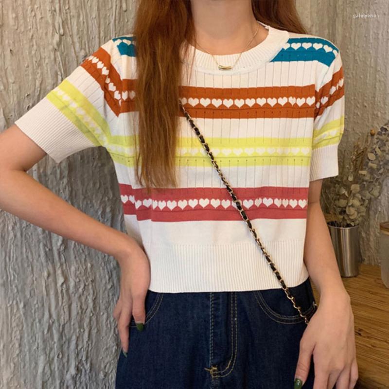 

Women's T Shirts 2023 Summer Striped Knitted Tshirt For Women Korean Fashion Short Sleeve O Neck Loose Casual Thin Tee Shirt Femme Tops, White