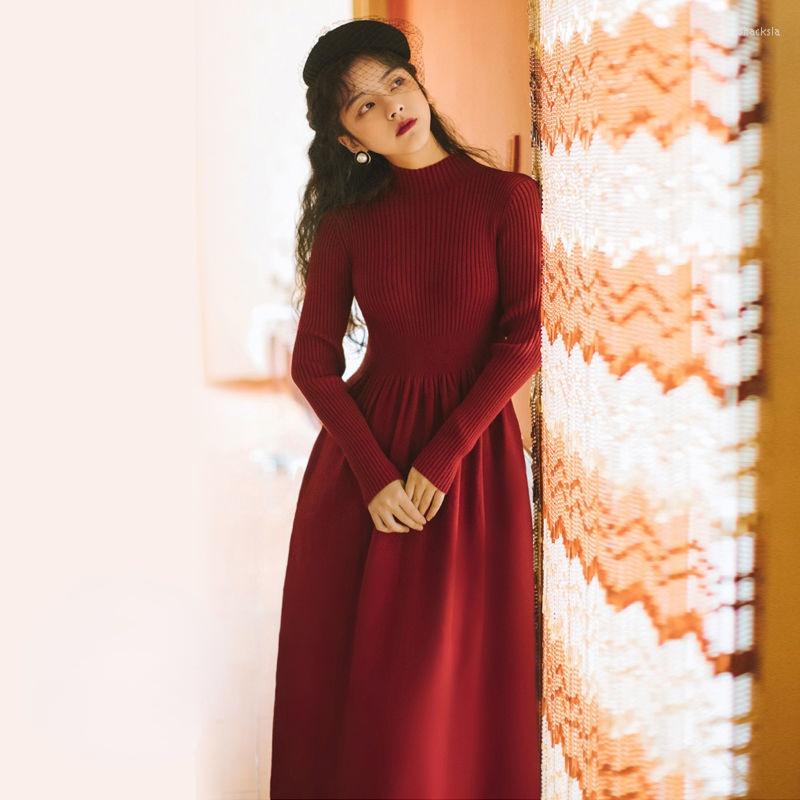 

Casual Dresses Autumn Winter Women Long Thick Knitted Sweater Dress Half Turtleneck Sleeve A-line Female Solid Warm K198, Red