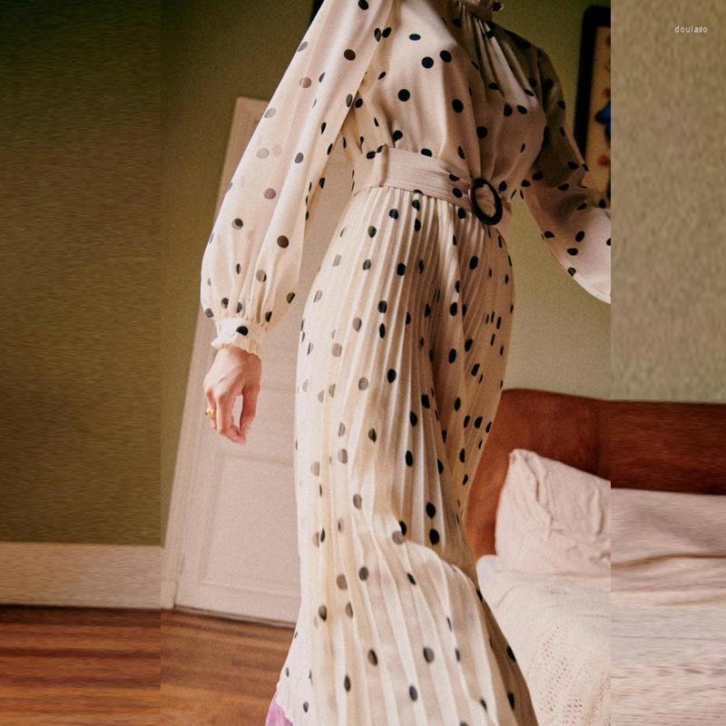 

Skirts Spring 2023 Women High-waisted A-line Skirt With Belt Ladies French Vintage Polka Dot Print Pleated Midi Robe, Blouse