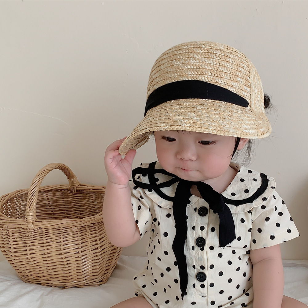 

Caps Hats Kids Straw Hat Girsl Boys Big Brim Kids Sun Hat Baby Summer Hat With Black Ribbon Baby Basketball Cap Children Beach Cap 230313