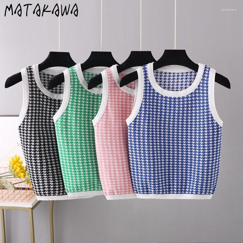 

Women's Tanks Matakawa Plaid Knitting Tank Tops Contrast Color Korean Fashion Slim Spring Summer Women T-shirts Basic Sexy Camis Clothing, Black