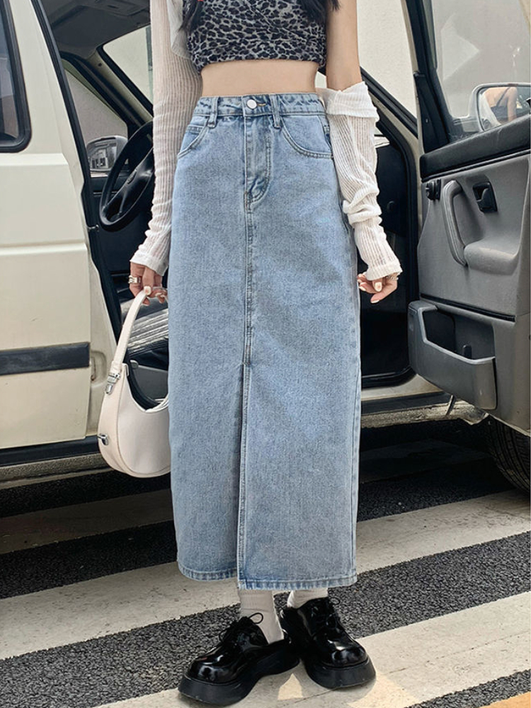 

Skirts Streetwear Long Denim Skirt Women Spring Summer Autumn Casual OL Jeans Skirts Female Korean Fashion Clothing Wholesale 230313, Light blue