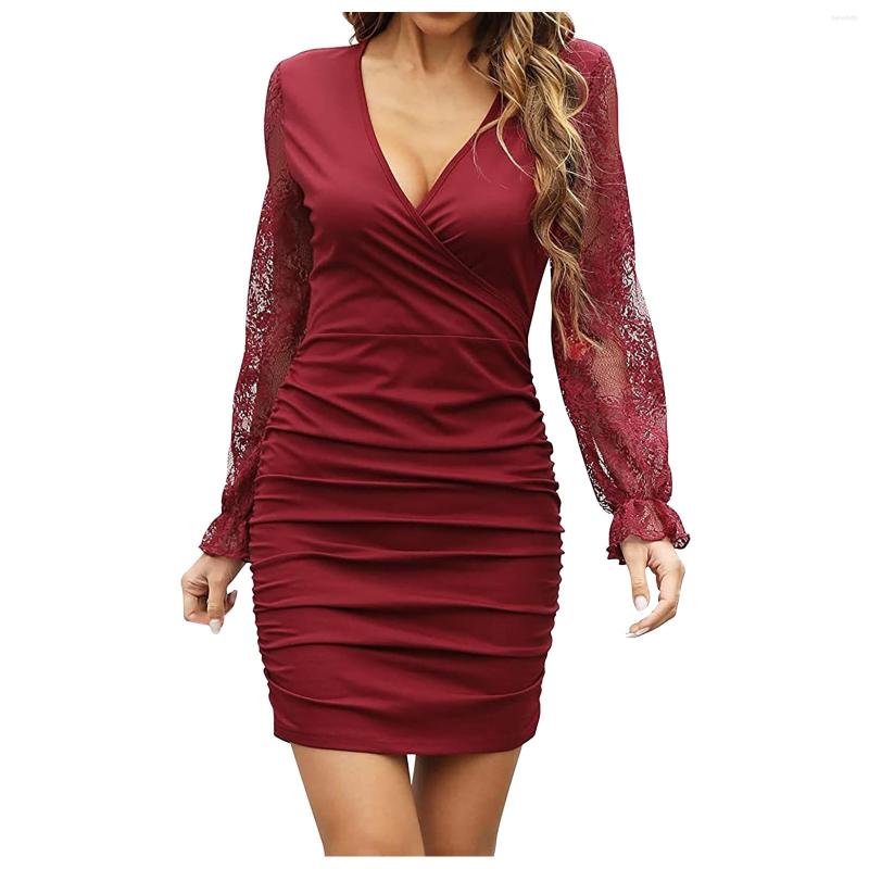 

Casual Dresses Ladies Spring Summer Long Sleeve Bodycon Dress Solid Color Lace Elegant Tight Party Evening Sexy V Neck Wrap Slim, Red