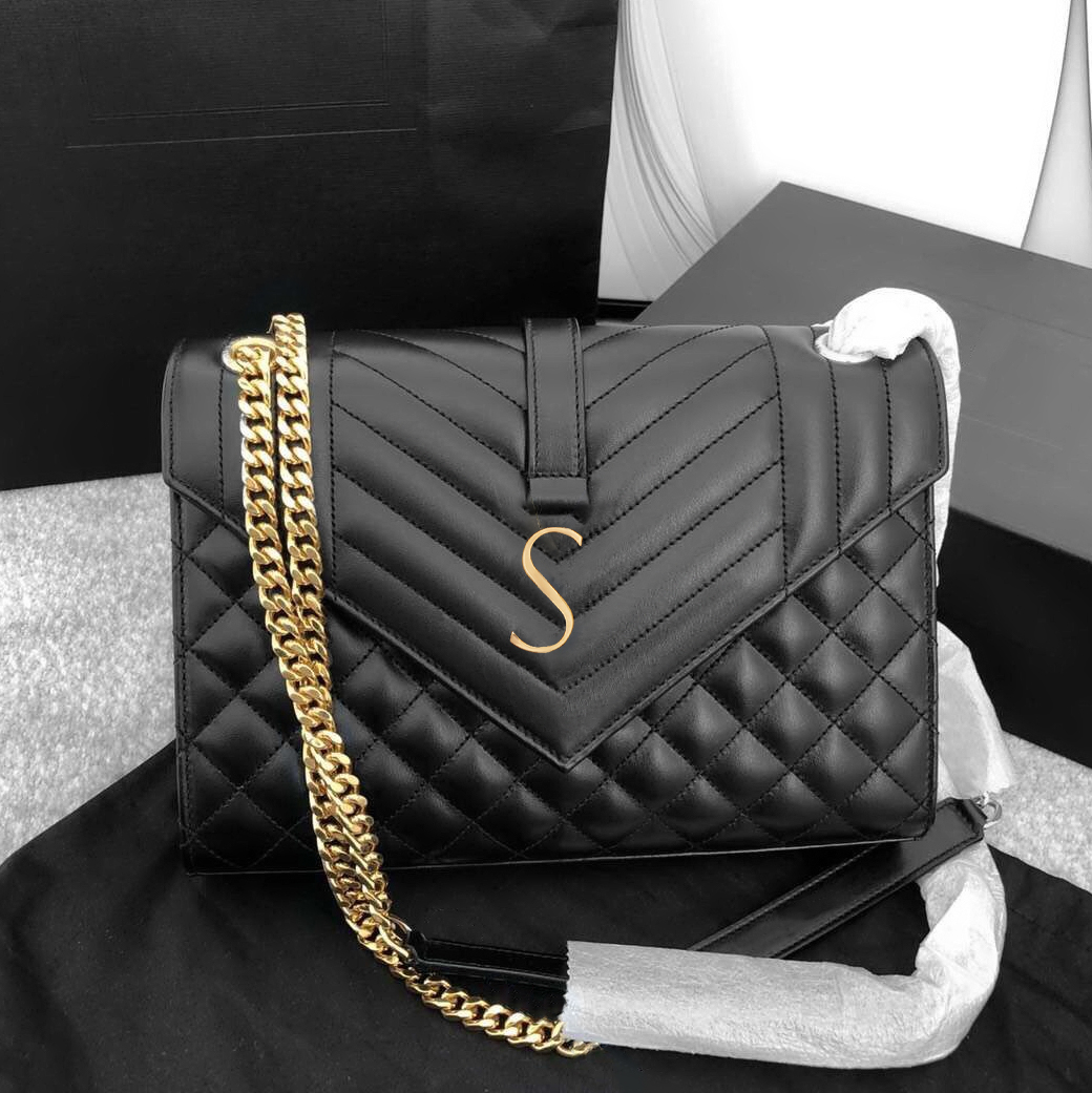 

yslity Vintage envelope crossBody hand bag Metal chains Luxury Designer wallet clutch genuine leather bag women's men caviar clutch flap handbag Shoulder beach bags, Black gold
