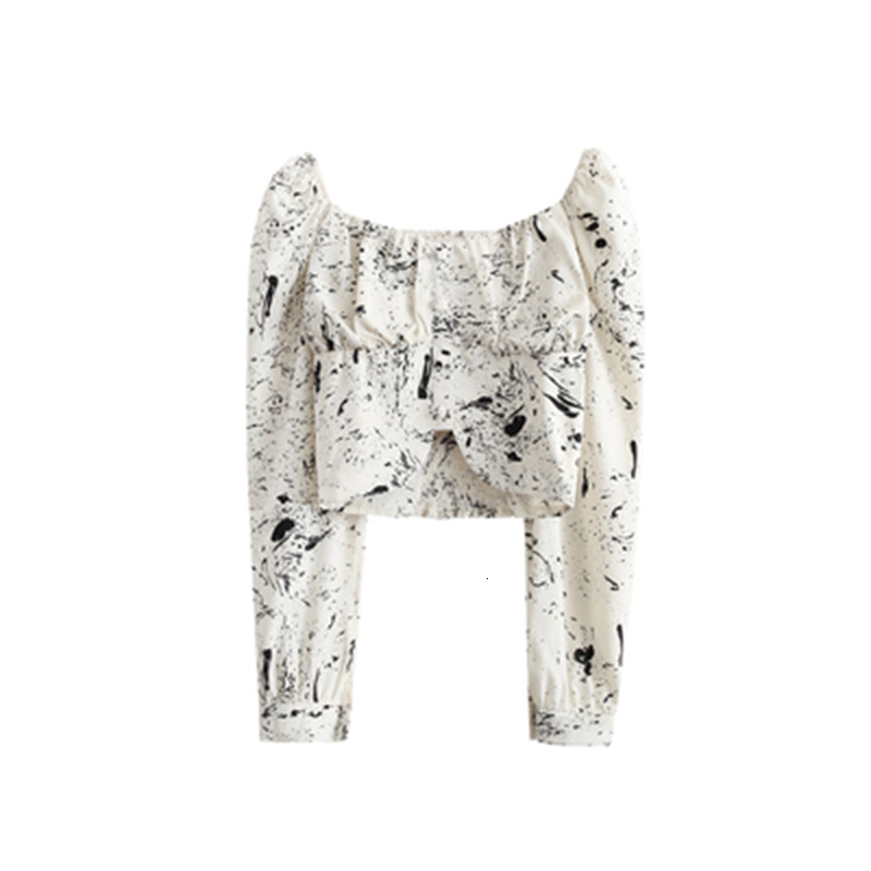 

Women's TShirt Autumn Fashion Personality Print Square Neck Bubble Sleeve Slim Short Top 230311, White