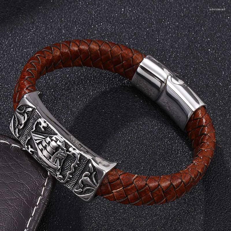 

Charm Bracelets Trendy Man Jewelry Accessories Brown Leather Braided Bracelet Men S.Steel Magnetic Clasp Vintage Rock FR0165