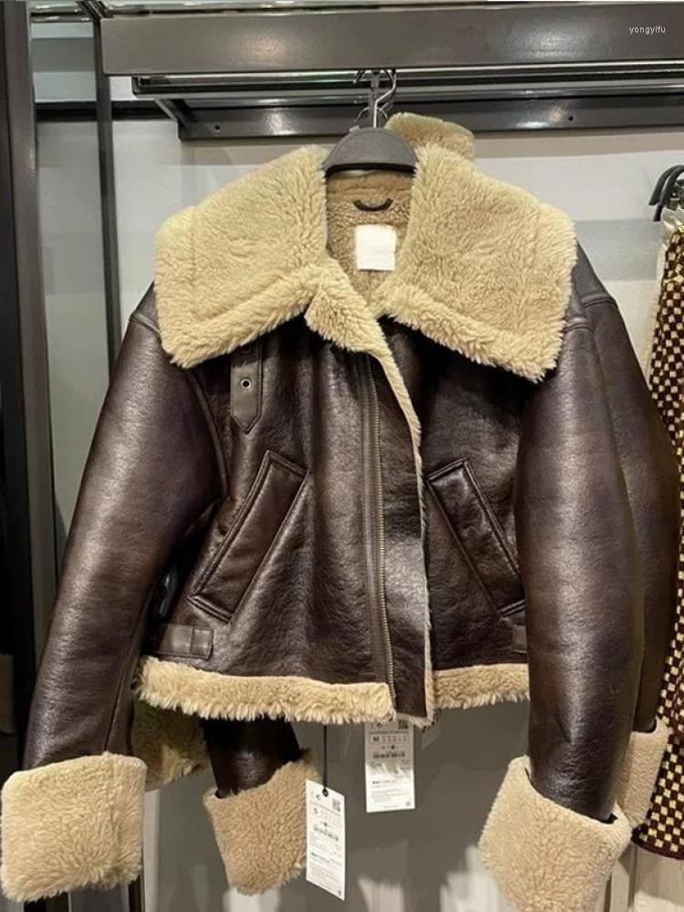 

Women's Leather Winter Thick Short Coat Women Streetwear Lapel Moto Biker Zipper Faux Lamb Jacket Lady Warm Pu Outwear, Brown