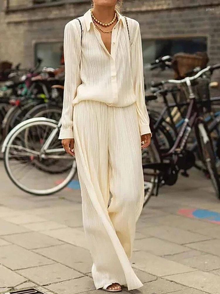 

Women' Two Piece Pants Elegant Women Tracksuit Pieces Set Loose Long Sleeve Shirt Tops And Wide Leg 2023 Spring Autumn Casual Outfits, 01 gray