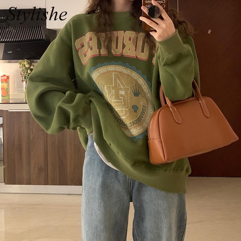 

Women's Hoodies & Sweatshirts Geen Oversized Fleeced Women Letter Printed Thick Crewneck Sweatshirt Vintage Fashion Long Sleeve Pullover Top, Dark green