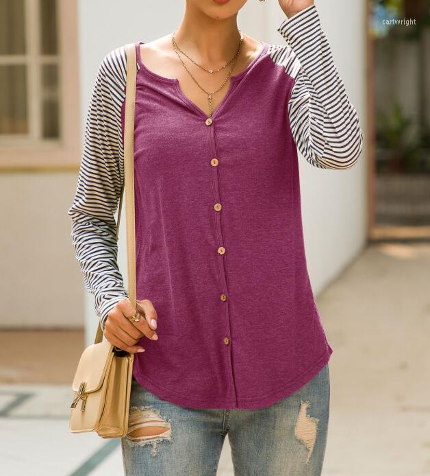 

Women's T Shirts 2023 Single-Breasted Striped Stitching T-Shirt Cardigan Fashion Casual V-Neck Long Sleeve Cotton Splice Tops
