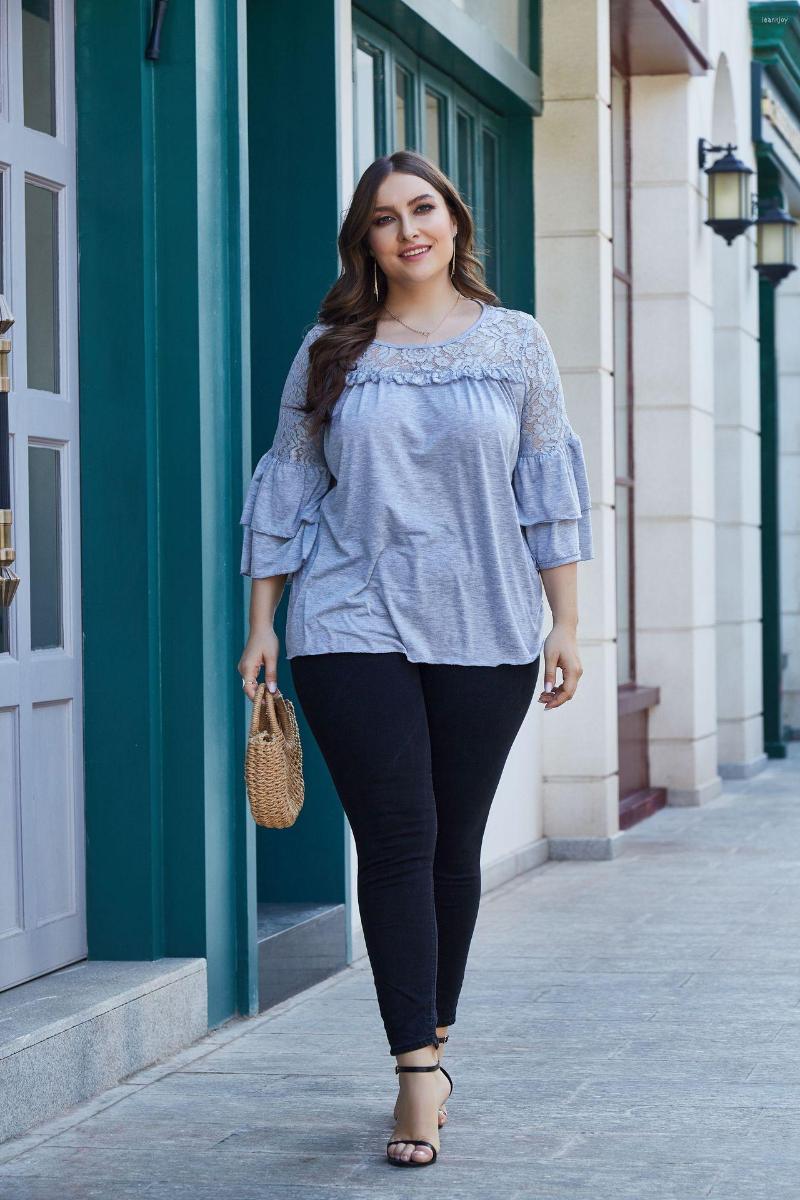 

Women's T Shirts Women Plus Size Floral Lace Stitching Patchwork Casual Loose Tee Tops Ladies Autumn Spring Oversized Top O Neck Clothes, Gray