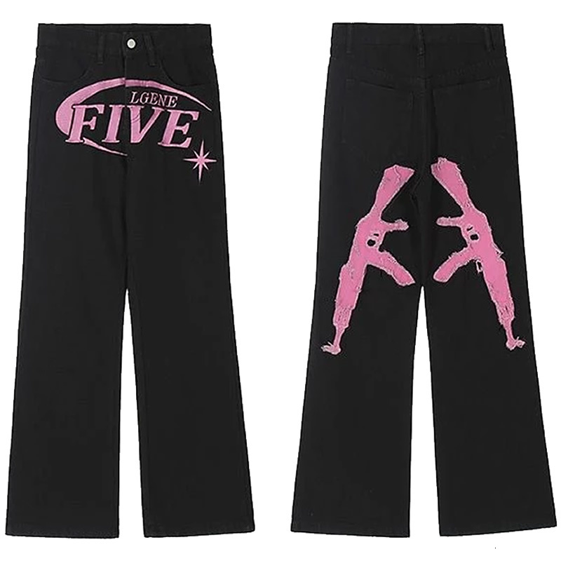 

Men's Jeans Y2K Men Korean Fashion Streetwear Hip Hop Low Rise Baggy Trousers Print Mens Denim Pants Women Oversized Boyfriend Clothes 230313, Black