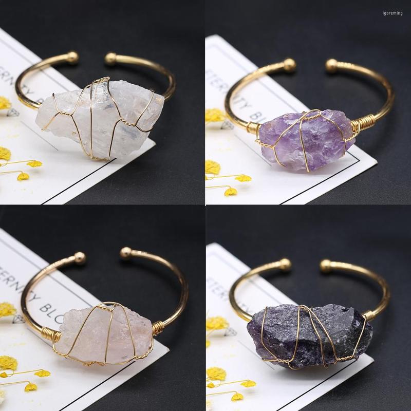 

Bangle Natural Crystal Stone Open Bracelet Irregural Shape Golde Amethysts Clear Quartzs Women Fit Jewerly Party Gift 62x62mm