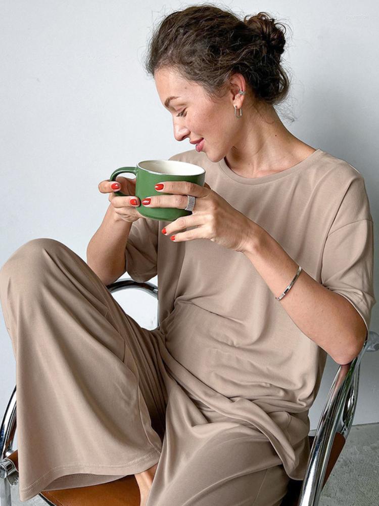 

Women' Sleepwear Sumuyoo Spring Cotton Temperament Homewear Set O-neck Short Sleeve T-Shirt & Loose Trousers Two-piece, Brown