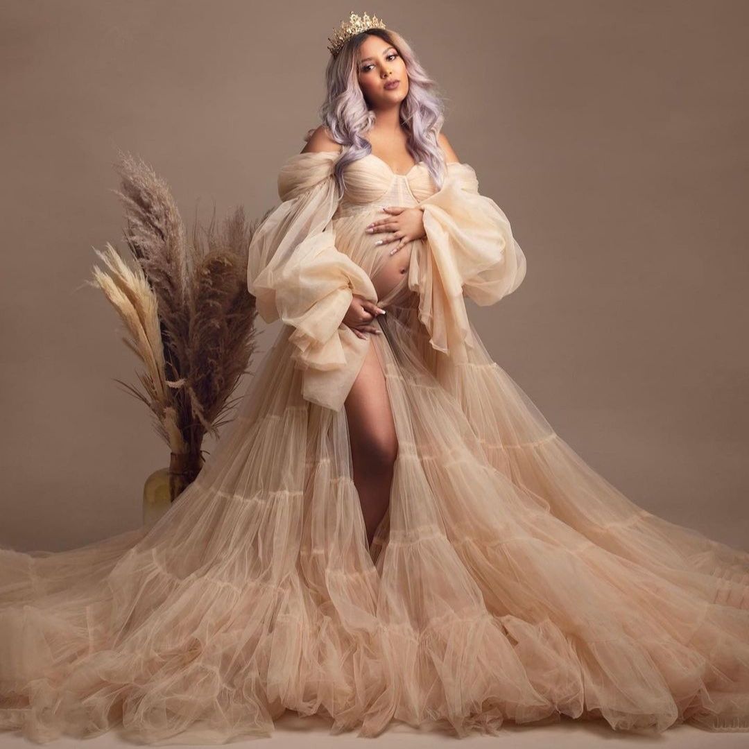 

Plus Size Vintage Maternity Dress for Women Long Sleeve Kimono Photography Prom Gown Pleat Tulle Baby Shower Dress Vestidos, Gray