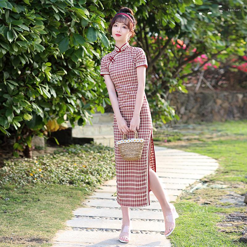 

Ethnic Clothing 2023 Long Retro Chinese Style Literary Plaid Slim Fit Stretch Cheongsam Dress Traditional Qipao