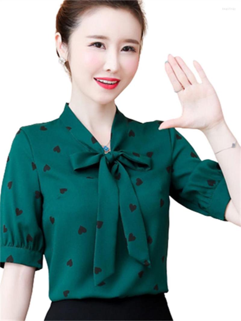 

Women' Blouses 4XL Women Spring Summer Shirts Lady Fashion Casual Short Sleeve Bow Tie Collar Polka Dots Blusas Tops WY0318, Green