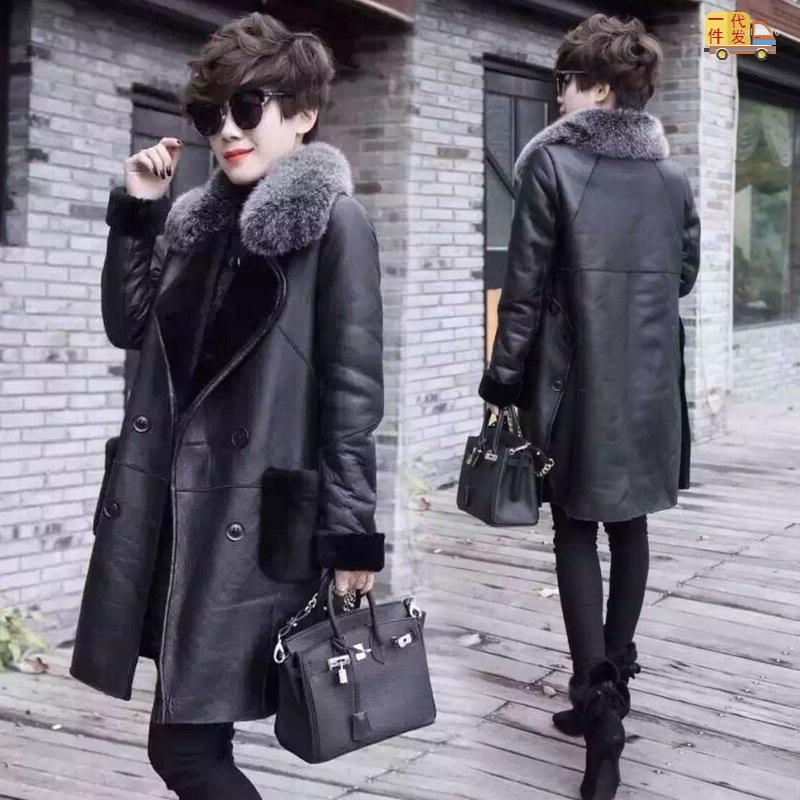 

Women's Fur 2023 Fashion Pu Leather Jacket Women Winter Sheep Shear Together Mid-Long Coat Big Collar Sheepskin Coats R1648, Black