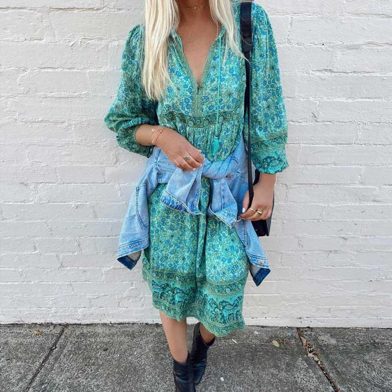 

Casual Dresses Super Chic Blue Floral V-neck Tassle Tied Long Sleeve Dress Women Bohemian Style Loose Boho Midi 2023, Cyan