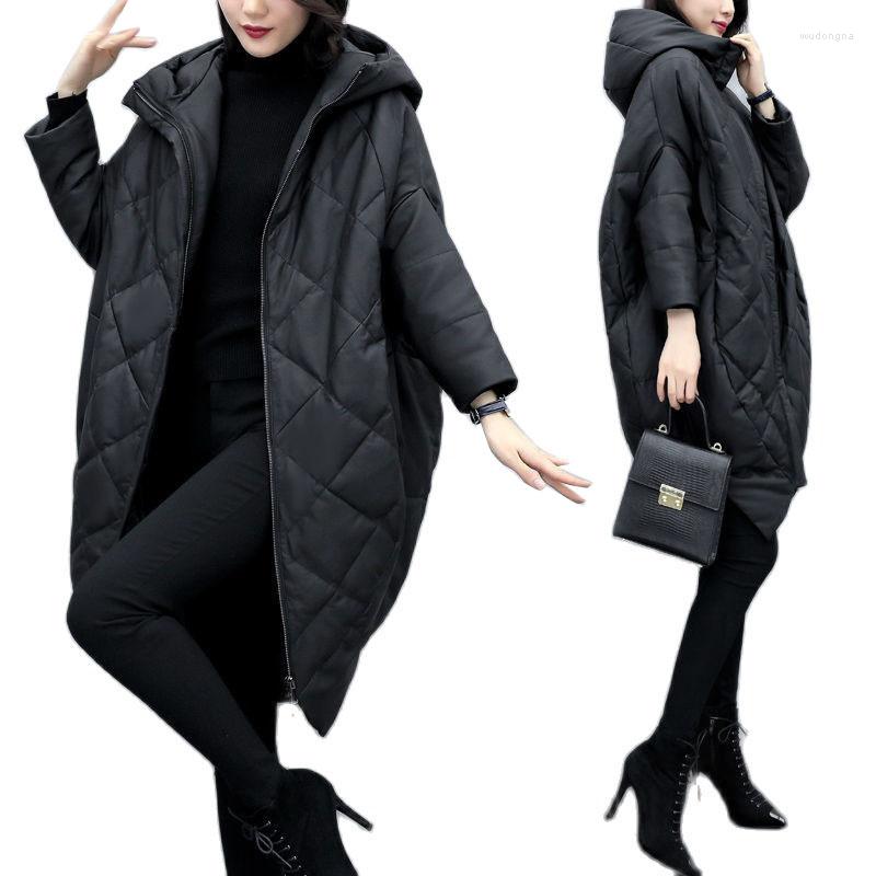 

Women' Trench Coats Parkas Coat Women' Korean Black Pu Leather Cloak Padded Cotton Jacket Women Loose Mid-length Hooded Outerwea