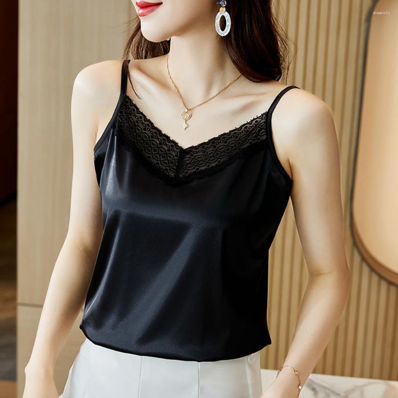 

Women's Tanks Female Strap Camisole Camis Casual Vest Tank Tops Women Sexy Lace Stitching Satin Shirt 2023 Fashion Summer Sleeveless Top, Black
