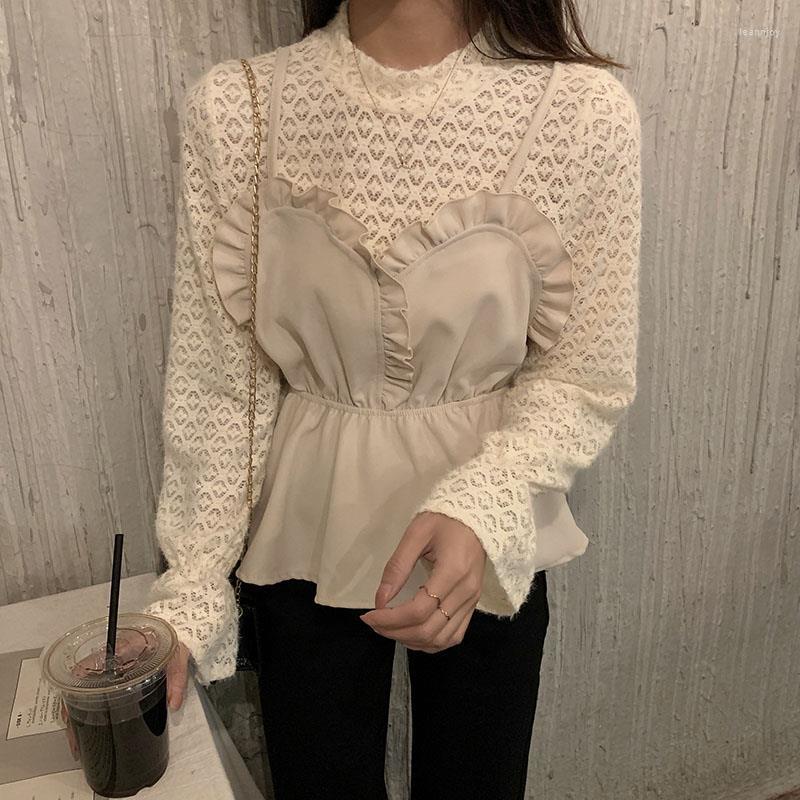 

Women' Blouses Women Shirt Blouse Women' Lace Autumn Winter Round Neck Stitching Fake Two-Piece Long Sleeve Blusas Ropa De Mujer, Black
