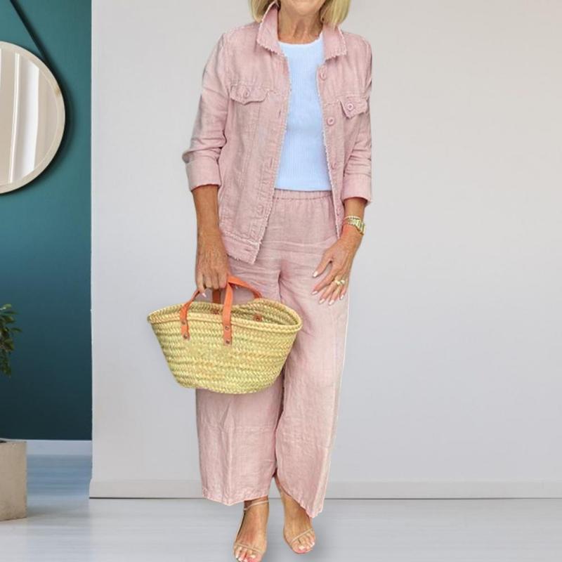 

Women' Two Piece Pants Pcs/Set Autumn Jacket Suit Warm Simple Cardigan Single-breasted Long Sleeves Buttons Women Coat Trousers SetWomen, Pink