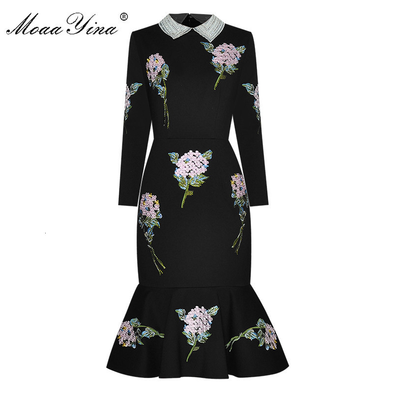 

Casual Dresses MoaaYina Autumn Women Dress Beaded turn-down collar Rose Embroidery drilling Black Slim Package hip Elegant Mermaid Dresses 230313