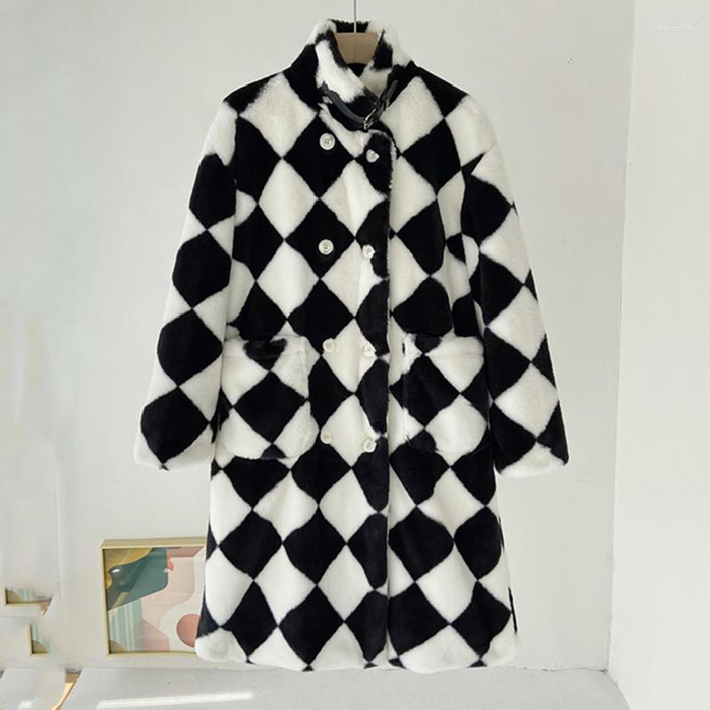 

Women' Fur Winter Faux Coat Women Double Breasted Black White Plaid Parka Warm Loose Imitation Jacket Long Overcoat Female, As shown