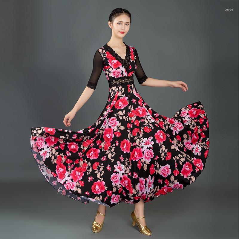 

Stage Wear Lace Stitching Standard Ballroom Dance Dress Waltz For Dancing Tango Costumes Spanish Flamenco, Red