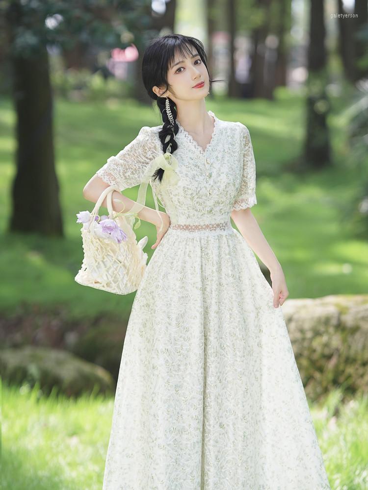 

Party Dresses French Short Sleeve Lace High Waist Retro Temperament Puff Dress Summer Elegant Korean Holiday Vestidos Festa, Photo color