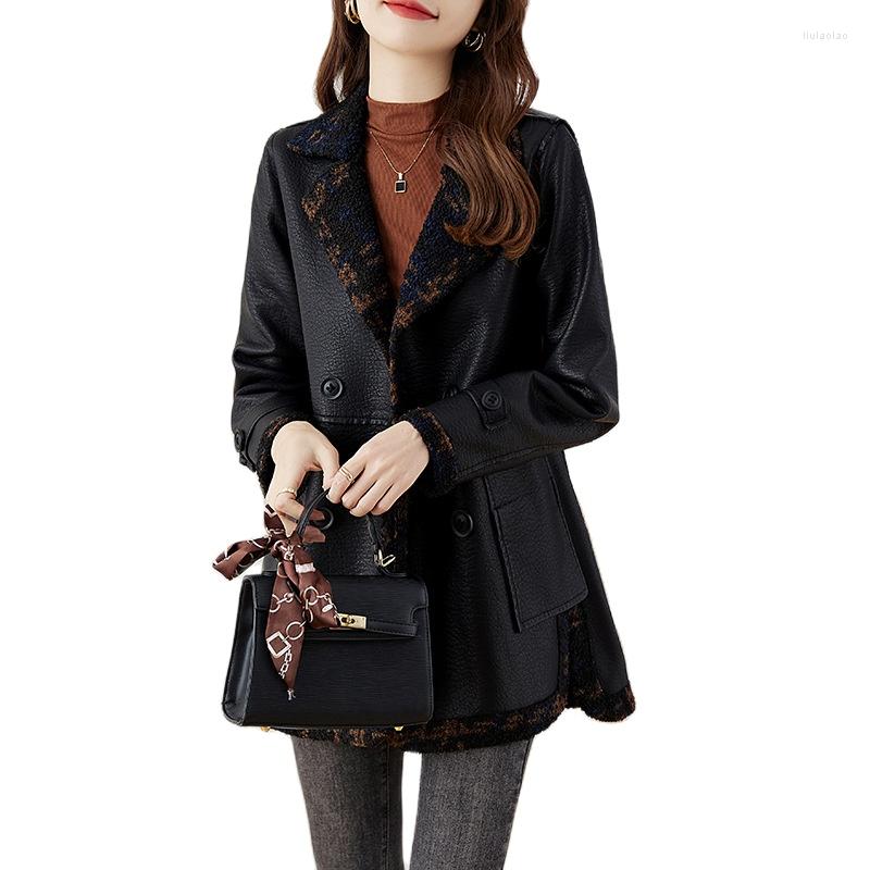

Women's Leather Winter Jacket Medium Long Women's Fur One PU Coats Loose Ladies Outwear Thicker Overcoat Female Faux Top, Black