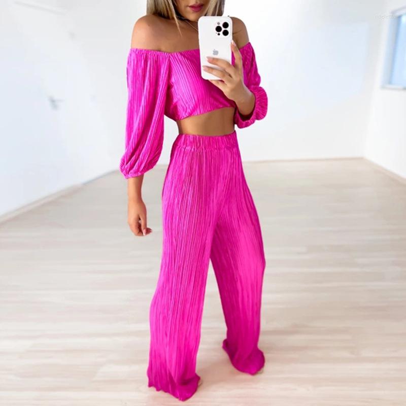 

Women' Tracksuits Fashion Pleated Loose Two Piece Set Elegant Off Shoulder Blouse & Wide Leg Pant Suits Women Casual Long Sleeve Solid, 03 orange