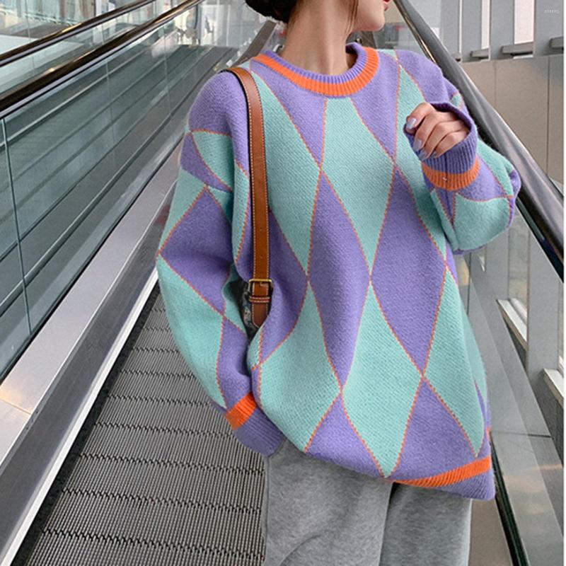 

Women' Sweaters Women Shirt Sweater Geometry Pattern Long Sleeve Round Neck Loose Casual Knitting Pullover For Spring Fall Pullovers Tops, Purple