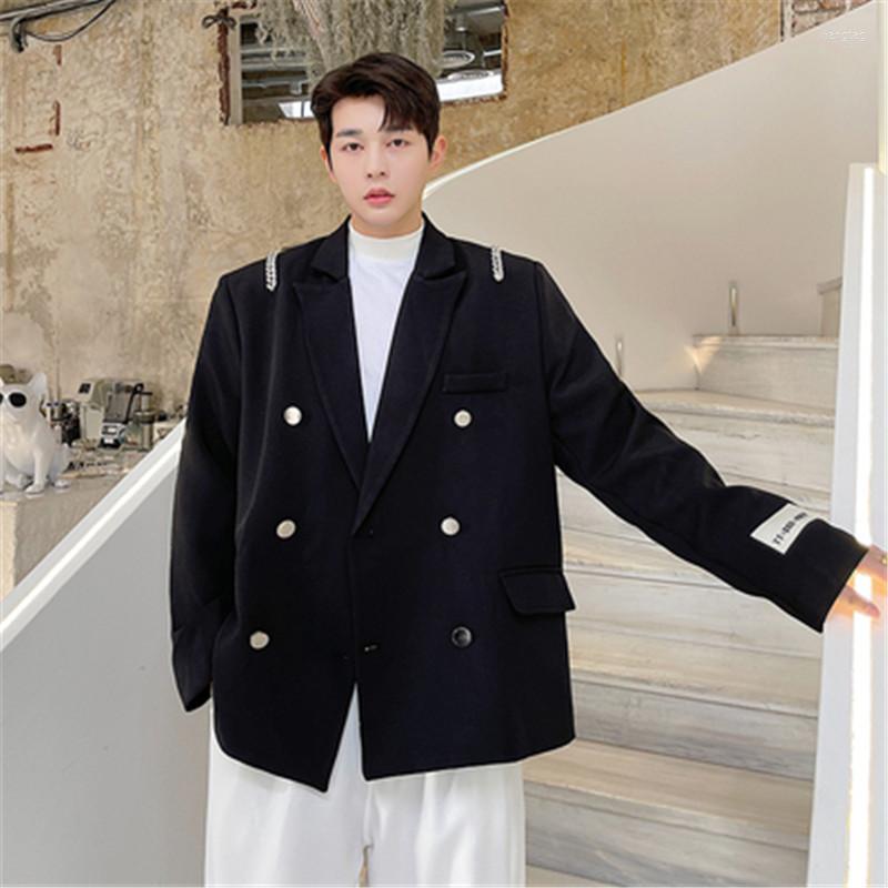 

Men's Suits Vintage Suit Jacket Men Original Designer Coat Chain Decorate Double Breasted Casual Blazer Korean Streetwear Youth Man Clothes, Black