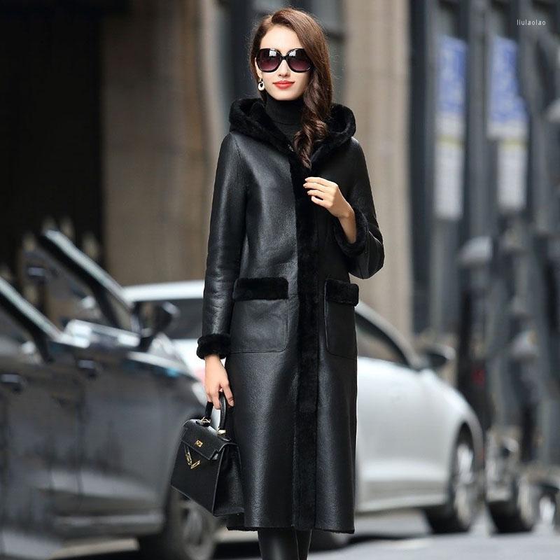 

Women's Fur 2023 Fashion Pu Leather Jacket Women Winter Sheep Shear Together Hooded Coat Wear Both Sides Sheepskin Coats R1647, Black
