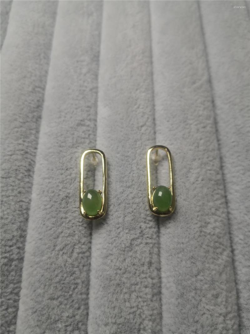 

Dangle Earrings Women's Natural Green Jade Brass With Real Gold Plated Design Clip