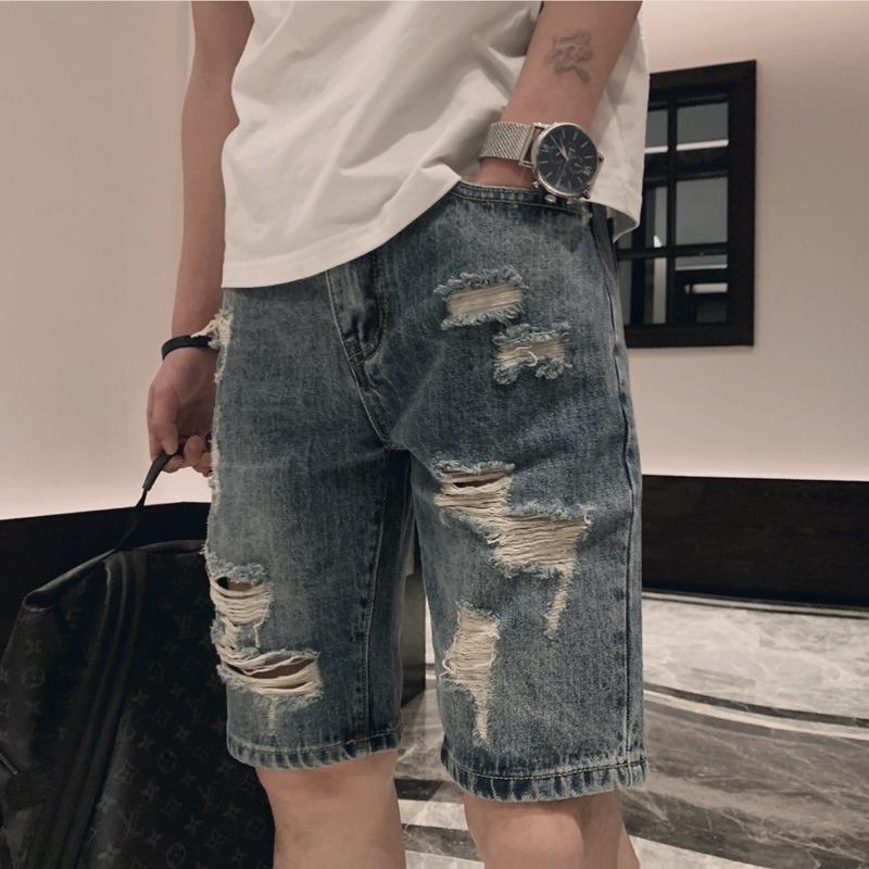 

Men' Jeans Men Shorts Summer Solid Color Loose Hole Short Button Mid-Waist Denim Straight Streetwear Vintage JeansMen, Blue