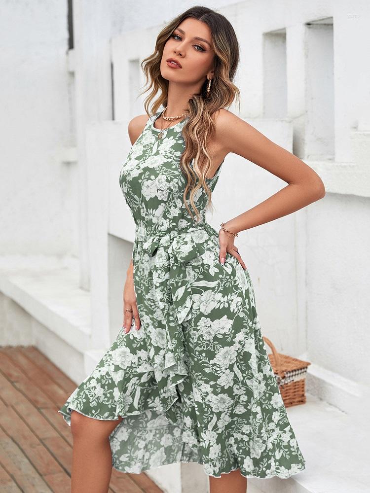 

Casual Dresses Sexy Summer Flower Print Belt Tank Top Dress For Women Fashion Elegant Ruffle Slit Midi Beach Vacation 2023, Blue