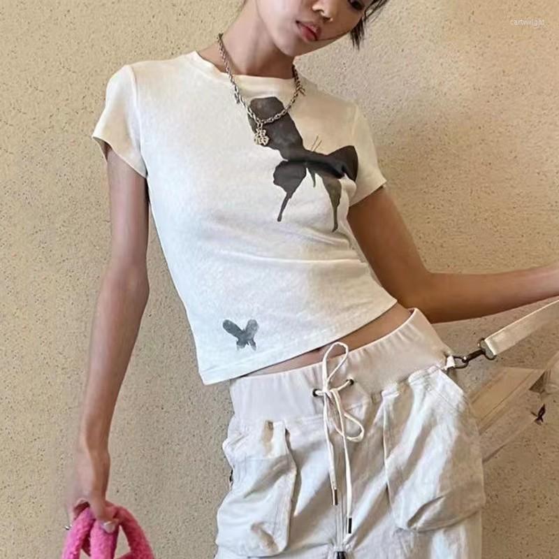 

Women' T Shirts 2023 Grunge Butterfly Print T-shirts Vintage Gothic Short Sleeve Tshirt Korean Fashion Fairycore Tops Harajuku Japanese 90s, Beige