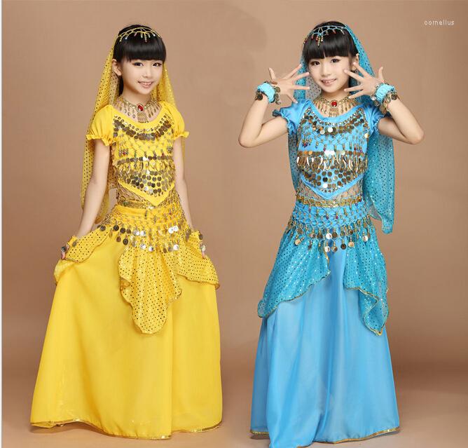

Stage Wear Handmade Children Belly Dance Costumes Kids Dancing Girls Bollywood Performance Cloth Whole Set 4 Colors, Rose red three piece