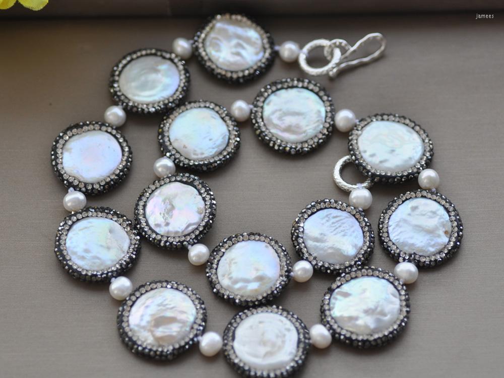 

Chains Z10276 19inch 24mm Twinkle Black CZ White Coin Keshi Pearl Necklace