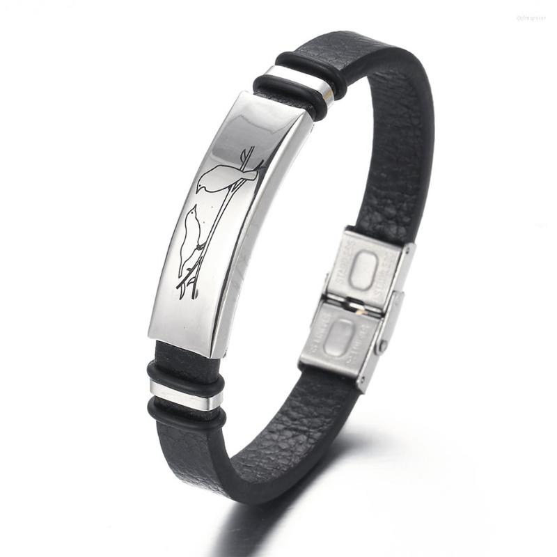 

Charm Bracelets 2023 Fashion Stainless Steel Leather Bracelet Retro Titanium Cuff Bird Pattern For Women's Accessories