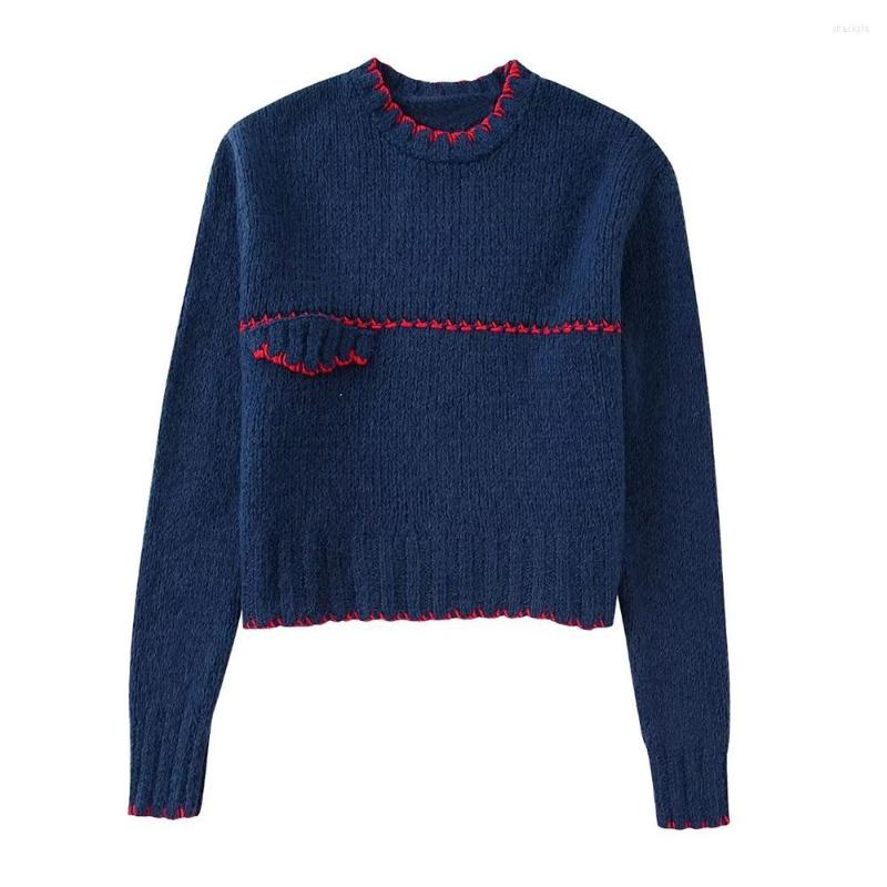

Women' Sweaters Autumn And Winter Fashion Women' Retro Versatile Round Neck Long Sleeve Color Contrast Stitching Knitted Sweater, Navy blue