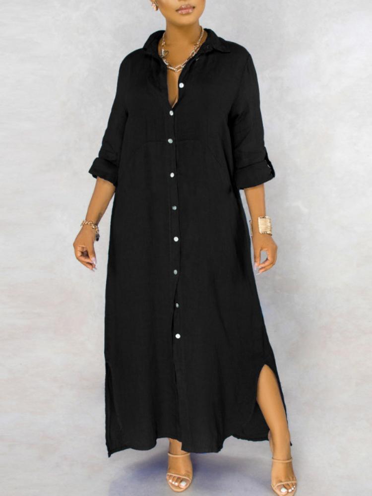 

Casual Dresses Spring Long Shirt Dress Single Button Cardigan Fashion Classic Solid Color Loose Robe Vestido Women Summer 2023, Black
