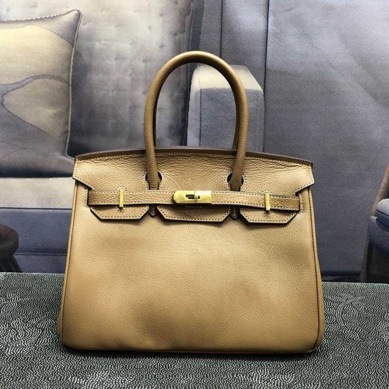 

Luxury Bag Birkin Togo leather women's versatile first layer cowhide women's black portable buckle medium-sized with logo, Plain elephant grey silver buckle d-zs25