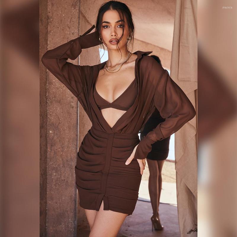 

Casual Dresses 2023 Summer Beach Vacation Chiffon Dress Sexy Shirt Sets Outifts Coffee Long Sleeve Clothing Fashion Party Dre, Auburn